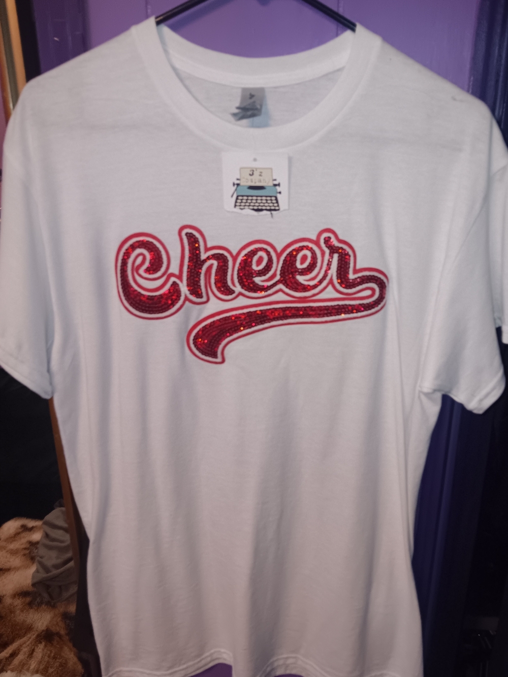 Gildan White Short Sleeve T-Shirt with Red Glitter "Cheer" Graphic